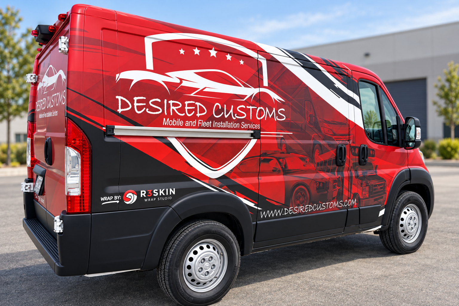 Desired Customs mobile service van with its red, black and white branded wrap
